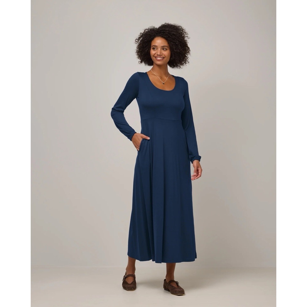 Wool& Wooland Merino Wool Empire Waist Ahna Dress Marine Blue Maxi Size Medium